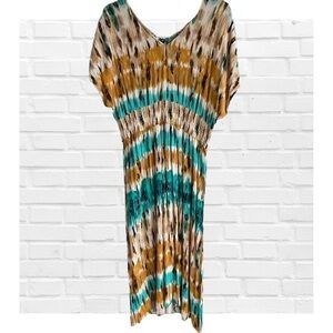 Bebop Painterly Colorsplash V-Neck Gypsy Empire Waist Cap Sleeve Maxi Dress XL
